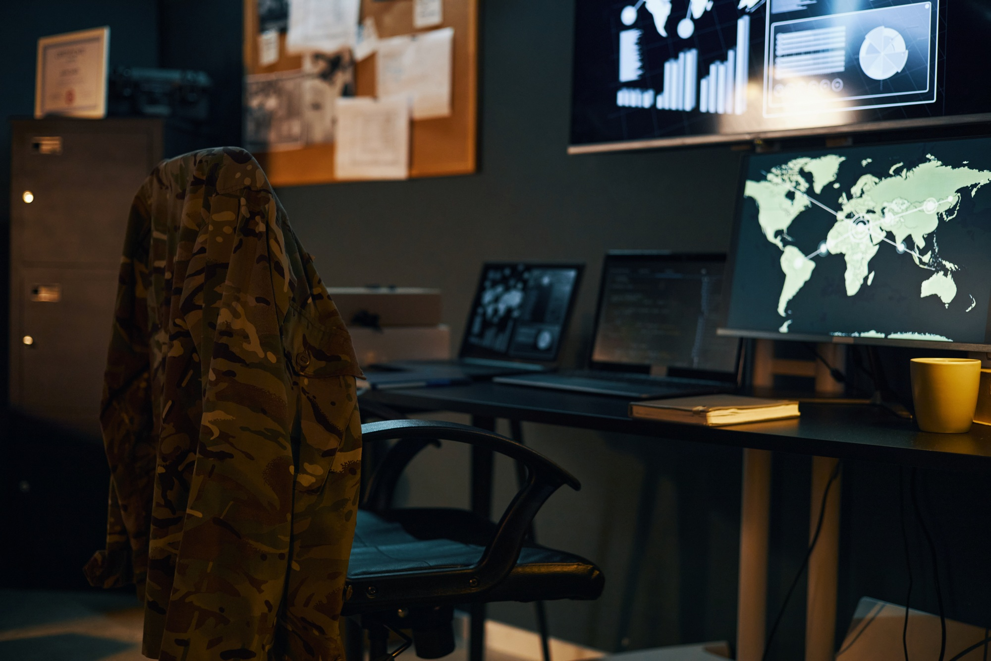 Military Command Center with Modern Technology Displays
