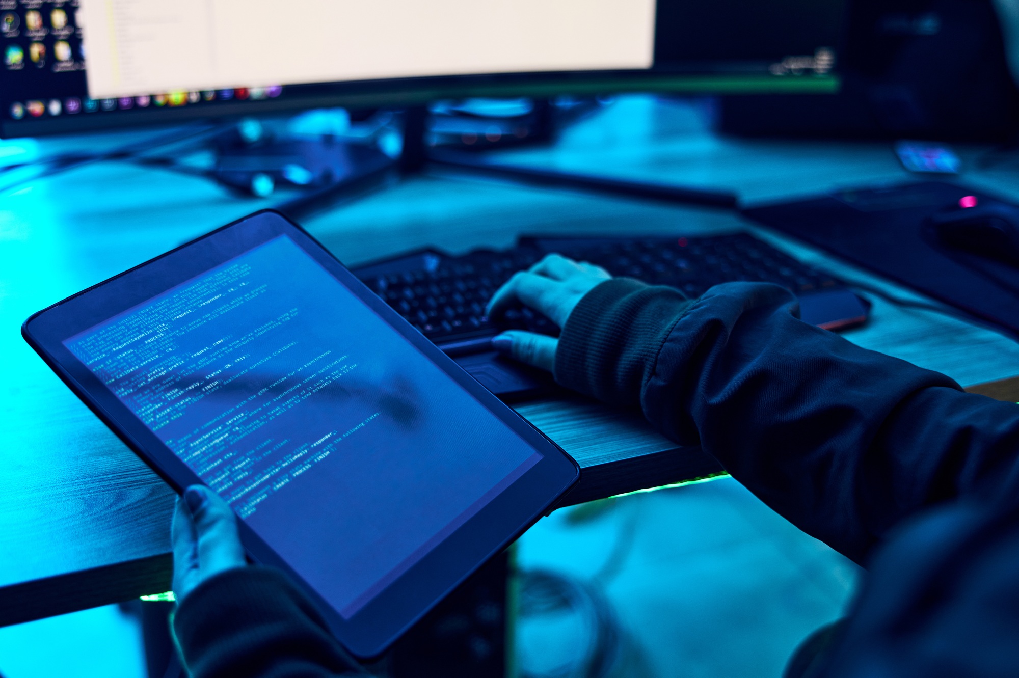 Tablet, html screen and programmer hands with coding software system for cyber security or hacking.
