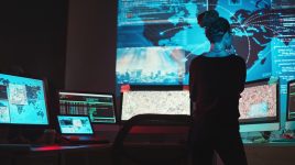 Cybersecurity, woman and map of global network for phishing, ransomware and cyber terrorism search.